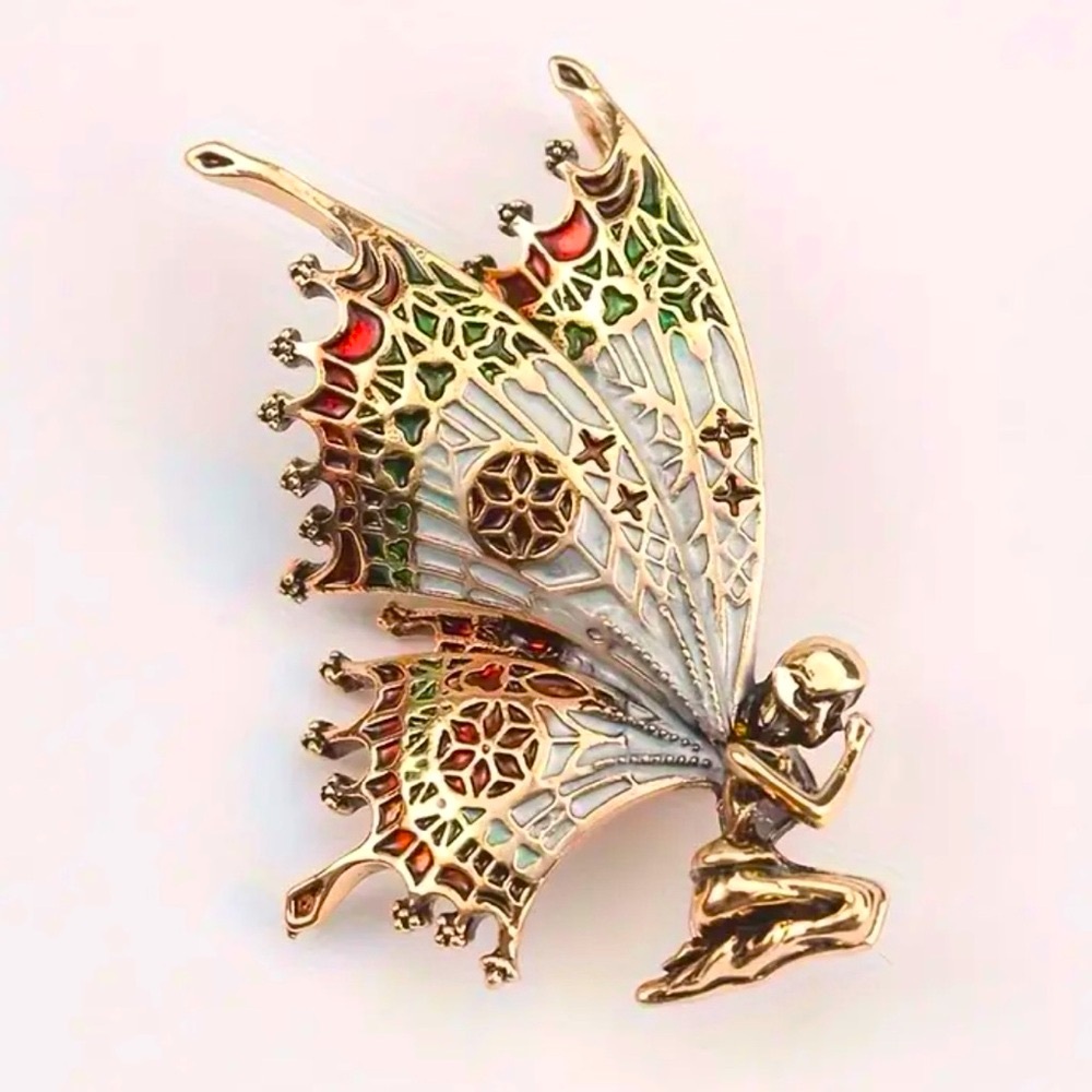 Butterfly Angel Fairy Gold, Green, Maroon, Gray, & Red Brooch Pin - Picture 2 of 7